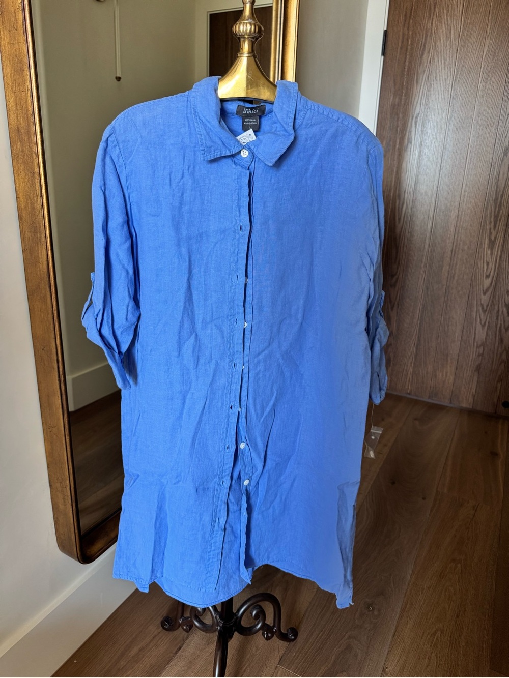Pure Amici Blue Lightweight Button-Front Linen Shirt dress New W Tags